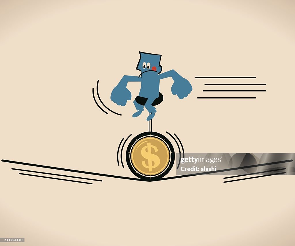 Businessman riding unicycle with Dollar sign tire on a rope