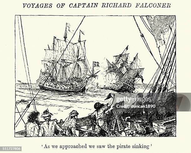 voyages of captain richard falconer - galleon stock illustrations