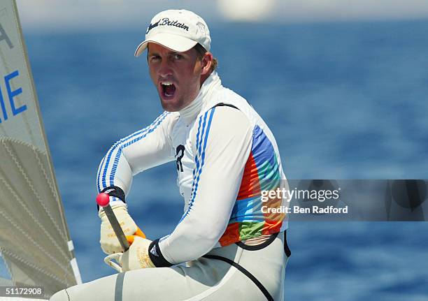 Ben Ainslie of Great Britain competes in the men's single handed dinghy finn race on August 14, 2004 during the Athens 2004 Summer Olympic Games at...