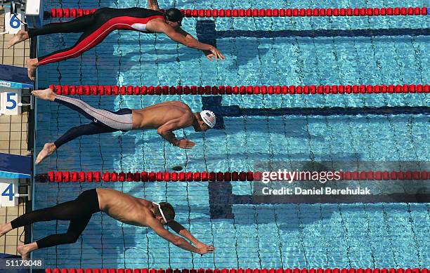 Michael Phelps of USA competes in the men's swimming 200 metre freestyle heat on August 15, 2004 during the Athens 2004 Summer Olympic Games at the...