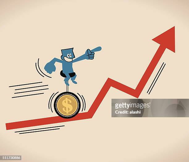 businessman riding unicycle with dollar tire on uprising red arrow - bike hand signals stock illustrations