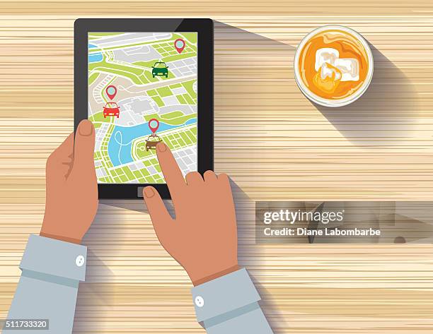 person using a rideshare mobile application on a tablet - rideshare stock illustrations