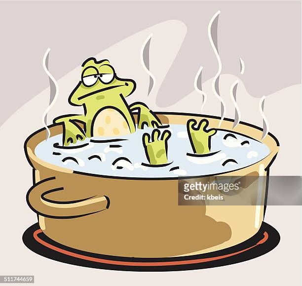 slow boiled frog - frog cartoon stock illustrations