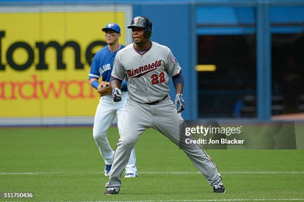 Miguel Sano of the Minnesota Twins leads off second base during the game against the Toronto Blue Jays at the Rogers Centre on Monday, August 3, 2015...