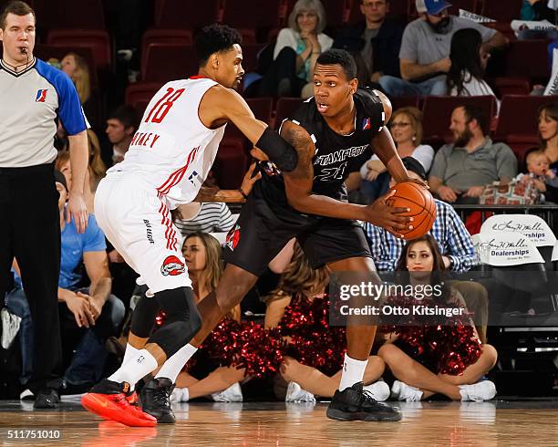 Treveon Graham of the Idaho Stampede looks to pass the ball against the Rio Grande Valley Vipers at CenturyLink Arena on February 20, 2016 in Boise,...