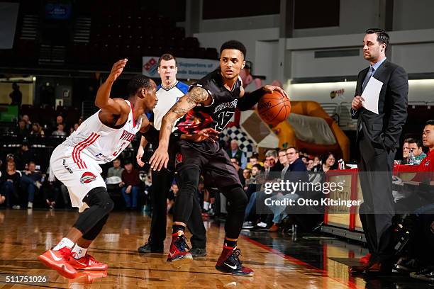 Brandon Fields of the Idaho Stampede dribbles the ball against the Rio Grande Valley Vipers at CenturyLink Arena on February 20, 2016 in Boise,...