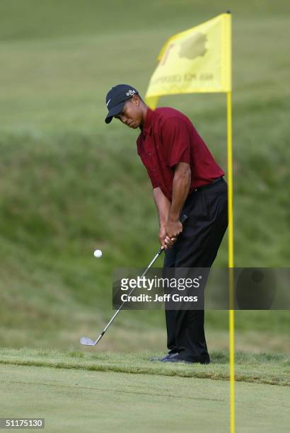 Tiger Woods chips onto the 18th green during the final round of the U.S. PGA Championship at the Whistling Straits Golf Course on August 15, 2004 in...