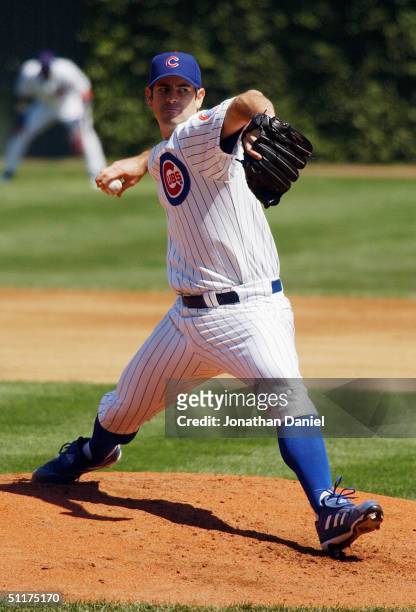 Mark Prior of the Chicago Cubs delivers the ball on his way to nine strike outs against the Los Angeles Dodgers during a game on August 15, 2004 at...