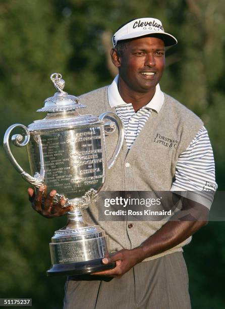 Vijay Singh of Fiji holds the Wanamaker Trophy after he won the U.S. PGA Championship at the Whistling Straits Golf Course on August 15, 2004 in...