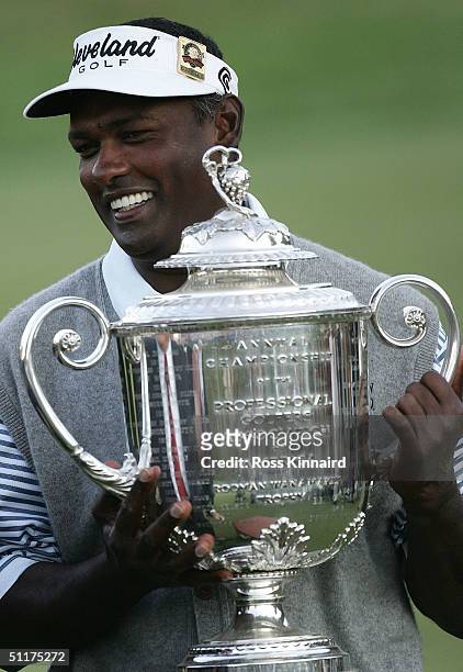 Vijay Singh of Fiji holds the Wanamaker Trophy after he won the final round of the U.S. PGA Championship at the Whistling Straits Golf Course on...