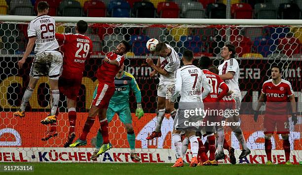 Niklas Fuellkrug of Nuernberg heads his teams first goal during the Second Bundesliga match between Fortuna Duesseldorf and 1. FC Nuernberg at...