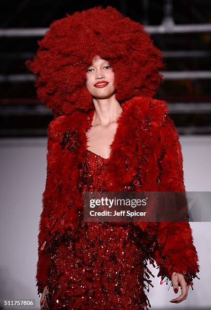 Model walks the runway at the Ashish show during London Fashion Week Autumn/Winter 2016/17 at Brewer Street Car Park on February 22, 2016 in London,...