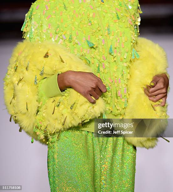 Model, shawl detail, walks the runway at the Ashish show during London Fashion Week Autumn/Winter 2016/17 at Brewer Street Car Park on February 22,...