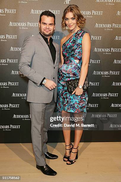 Jose Torrens, CEO of Audemars Piguet UK and Arizona Muse attend as Audemars Piguet launch the Royal Oak Yellow Gold collectio at Phillips Gallery on...