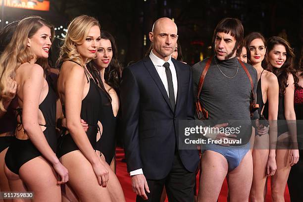 Sacha Baron Cohen and Mark Strong attend the word premiere of "Grimsby" at Odeon Leicester Square on February 22, 2016 in London, England.