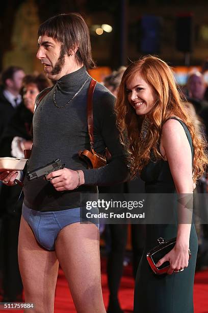 Sacha Baron Cohen and Isla Fisher attend the word premiere of "Grimsby" at Odeon Leicester Square on February 22, 2016 in London, England.