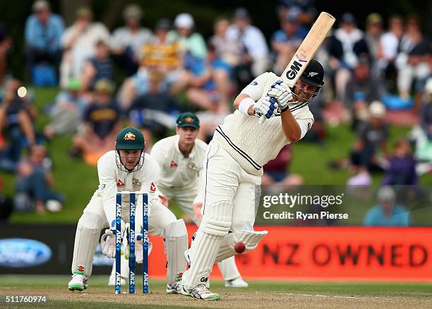 Corey Anderson of New Zealand bats during day four of the Test match between New Zealand and Australia at Hagley Oval on February 23, 2016 in...