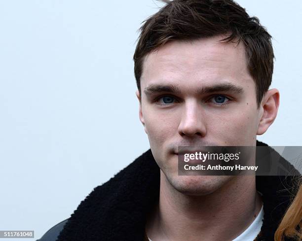 Nicholas Hoult attends the Burberry show during London Fashion Week Autumn/Winter 2016/17 at Kensington Gardens on February 22, 2016 in London,...