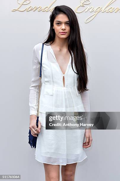 Eliza Fairbanks attends the Burberry show during London Fashion Week Autumn/Winter 2016/17 at Kensington Gardens on February 22, 2016 in London,...