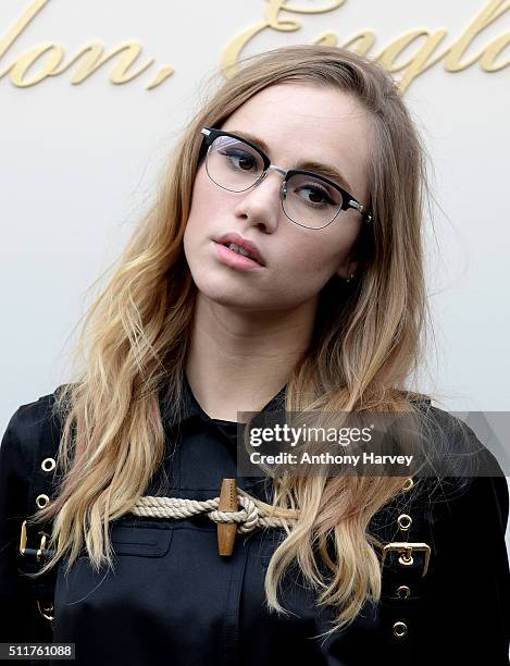 Suki Waterhouse attends the Burberry show during London Fashion Week Autumn/Winter 2016/17 at Kensington Gardens on February 22, 2016 in London,...