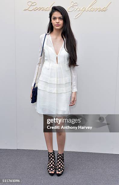 Eliza Fairbanks attends the Burberry show during London Fashion Week Autumn/Winter 2016/17 at Kensington Gardens on February 22, 2016 in London,...