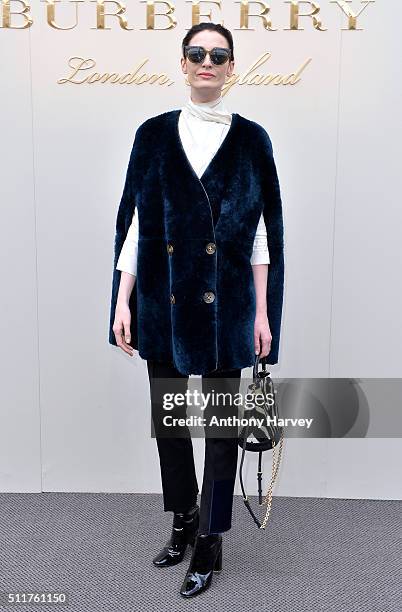 Erin O'Connor attends the Burberry show during London Fashion Week Autumn/Winter 2016/17 at Kensington Gardens on February 22, 2016 in London,...