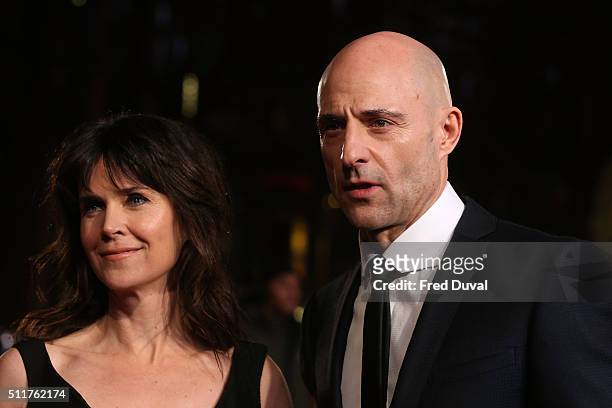 Liza Marshall and Mark Strong attend the word premiere of "Grimsby"at Odeon Leicester Square on February 22, 2016 in London, England.