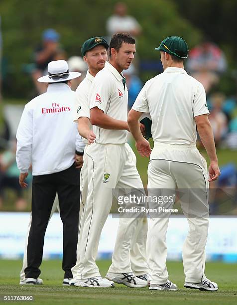 Josh Hazlewood of Australia walks off the ground at lunch during day four of the Test match between New Zealand and Australia at Hagley Oval on...