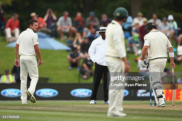 Josh Hazlewood of Australia has words with Corey Anderson of New Zealand during day four of the Test match between New Zealand and Australia at...