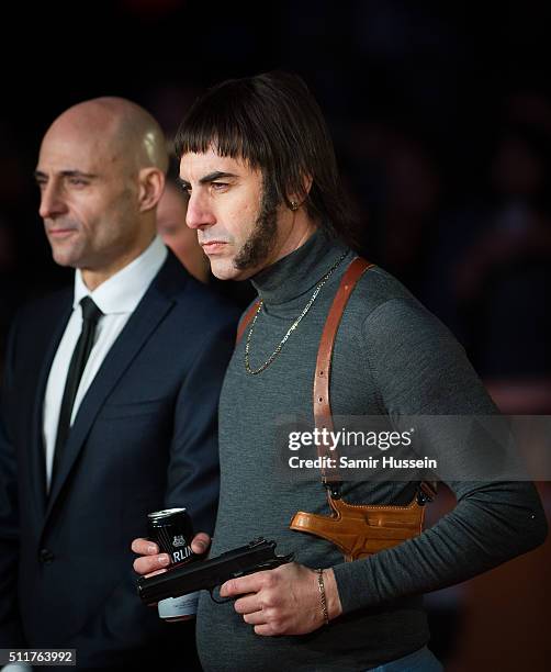 Sacha Baron Cohen and Mark Strong arrive for the World premiere of "Grimsby" at Odeon Leicester Square on February 22, 2016 in London, England.