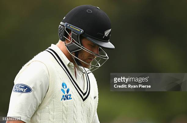 Corey Anderson of New Zealand looks dejected after being dismissed by Jackson Bird of Australia during day four of the Test match between New Zealand...