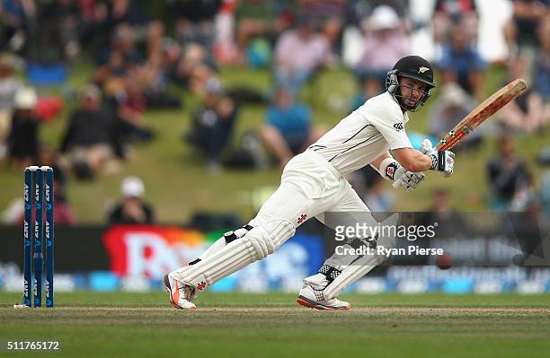 Kane Williamson of New Zealand bats during day four of the Test match between New Zealand and Australia at Hagley Oval on February 23, 2016 in...