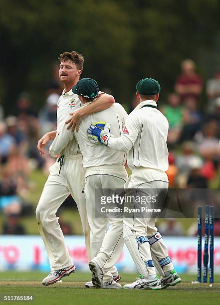 Jackson Bird of Australia celebrates after taking the wicket of Corey Anderson of New Zealand during day four of the Test match between New Zealand...