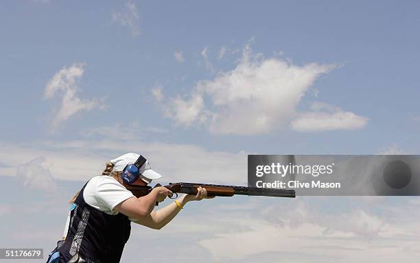 Suzanne Balogh of Australia competes in the women's trap finals on August 16, 2004 during the Athens 2004 Summer Olympic Games at the Markopoulo...