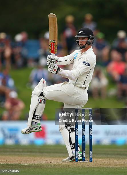 Matt Henry of New Zealand bats during day four of the Test match between New Zealand and Australia at Hagley Oval on February 23, 2016 in...