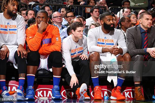 Jimmer Fredette of the New York Knicks sits on the bench with teammates during the game against the Toronto Raptors on February 22, 2016 at Madison...