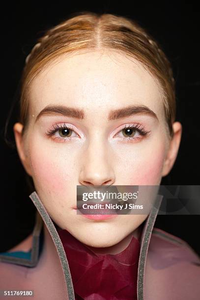 Model is seen backstage prior to the FAD show on day 4 of London Fashion Week Autumn Winter 2016 at Fashion Scout Venue on February 22, 2016 in...