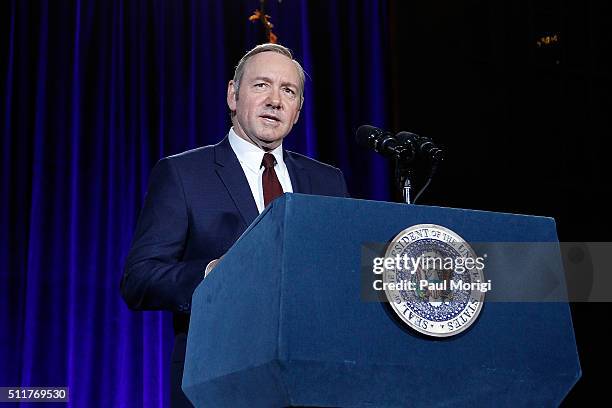 Kevin Spacey speaks on stage at the portrait unveiling and season 4 premiere of Netflix's "House Of Cards" at the National Portrait Gallery on...