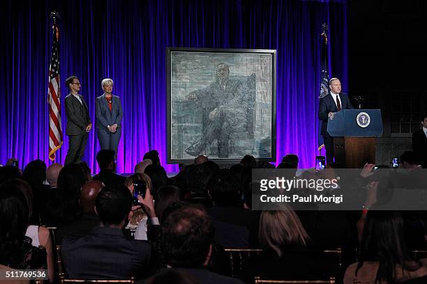 Artist Jonathan Yeo, Portrait Gallery Director Kim Sajet, and Kevin Spacey attend the portrait unveiling and season 4 premiere of Netflix's "House Of...
