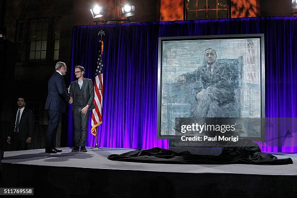 Kevin Spacey and artist Jonathan Yeo attend the portrait unveiling and season 4 premiere of Netflix's "House Of Cards" at the National Portrait...