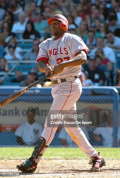 Vladimir Guerrero of the Los Angeles Angels of Anaheim bats against the New York Yankees during a Major League Baseball game August 22, 2004 at...