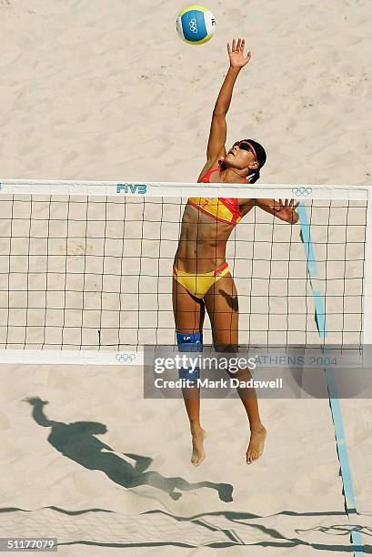 Fei Wang of China competes in the women's preliminary Beach Volleyball match against Mexico on August 16, 2004 during the Athens 2004 Summer Olympic...