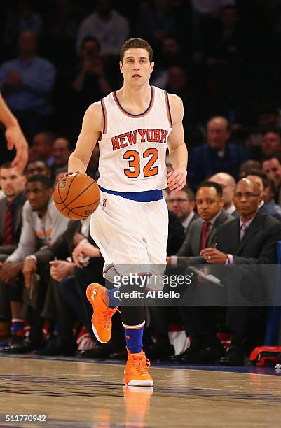 Jimmer Fredette of the New York Knicks in action against the Toronto Raptors during their game at Madison Square Garden on February 22, 2016 in New...