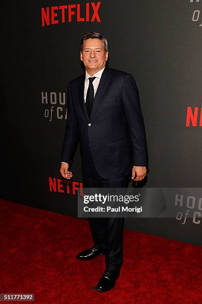 Netflix Chief Content Officer Ted Sarandos attends the portrait unveiling and season 4 premiere of Netflix's "House Of Cards" at the National...