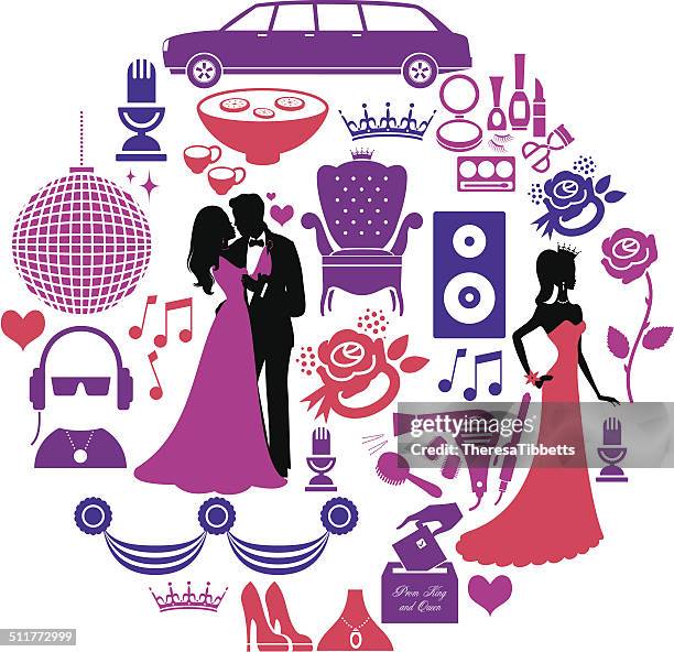 illustrations, cliparts, dessins animés et icônes de prom ensemble d'icônes - robe du soir