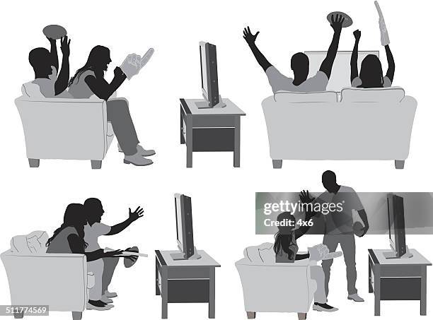 couple watching football match on television - couple watching screen stock illustrations