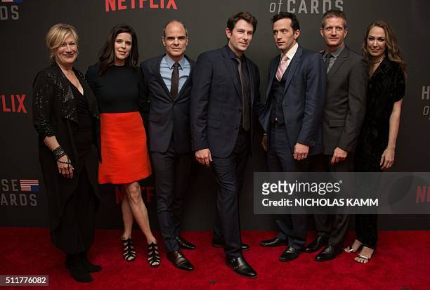 Actors Jayne Atkinson, Neve Campbell, Michael Kelly, Derek Cecil, Nathan Darrow, Paul Sparks and Elizabeth Marvel pose on the red carpet at the...