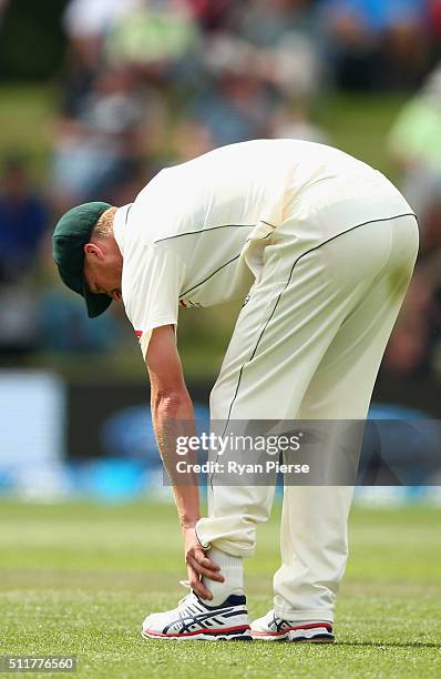 Jackson Bird of Australia reacts after bowling during day four of the Test match between New Zealand and Australia at Hagley Oval on February 23,...