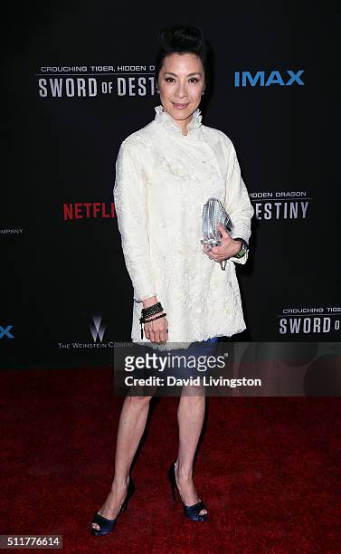 Actress Michelle Yeoh attends the premiere of Netflix's "Crouching Tiger, Hidden Dragon: Sword of Destiny" at AMC Universal City Walk on February 22,...