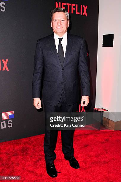 Netflix Chief Content Officer Ted Sarandos attends the "House Of Cards" Season 4 Premiere at the National Portrait Gallery on February 22, 2016 in...